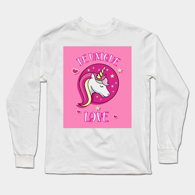 Be Unique Love Beautiful Unicorn Head With Stars And Hearts pink Poster Long Sleeve T-Shirt by teezeedy
